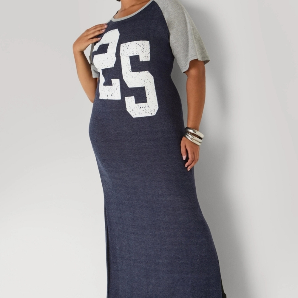 Ashley Stewart Navy Maxi Dress with Gray Raglan Sleeves and White '25' Graphic